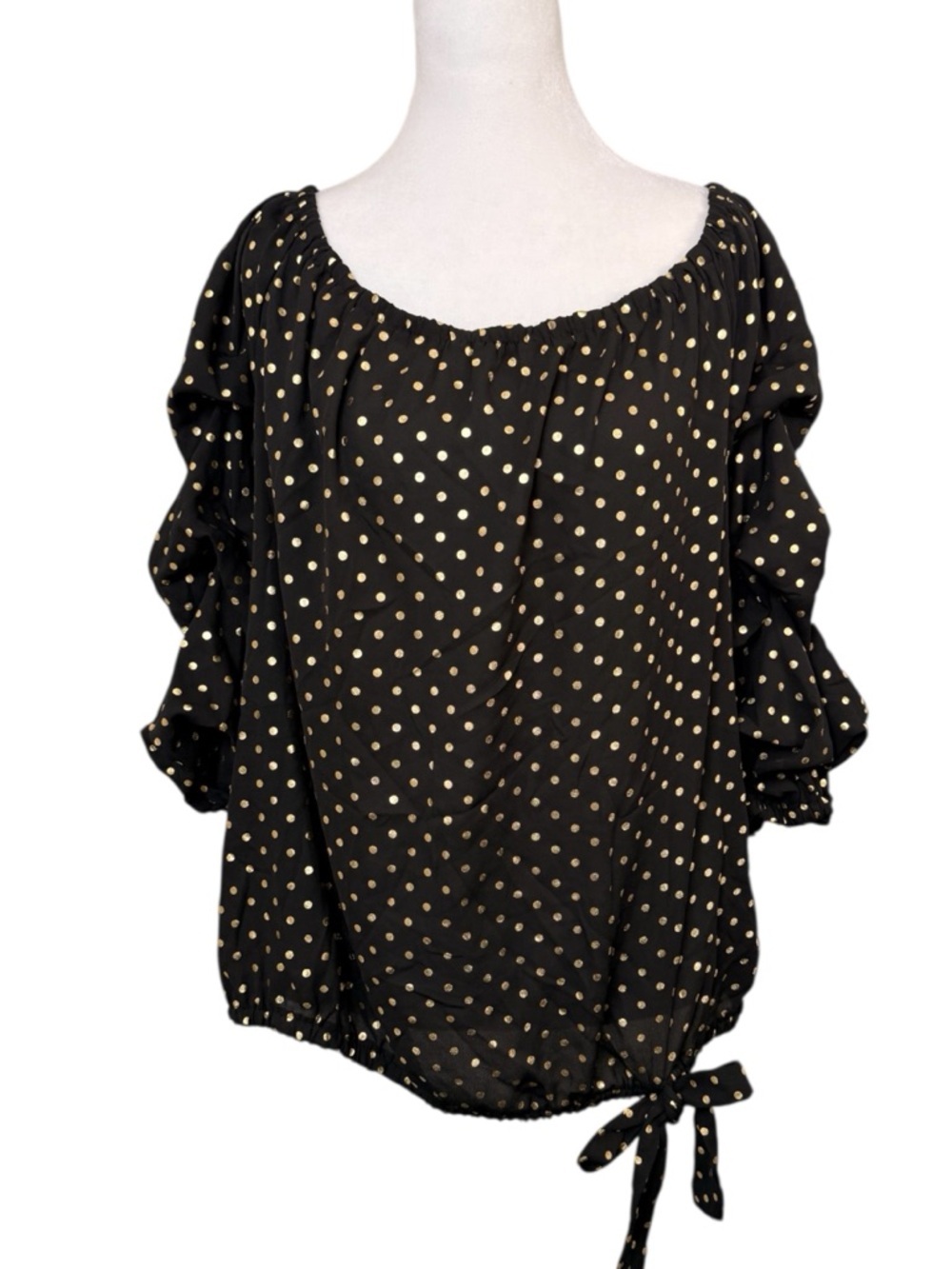 Vince Camuto, Black and Gold Polka Dot Off the Shoulder Blouse, Size XL NWT - Picture 2 of 8